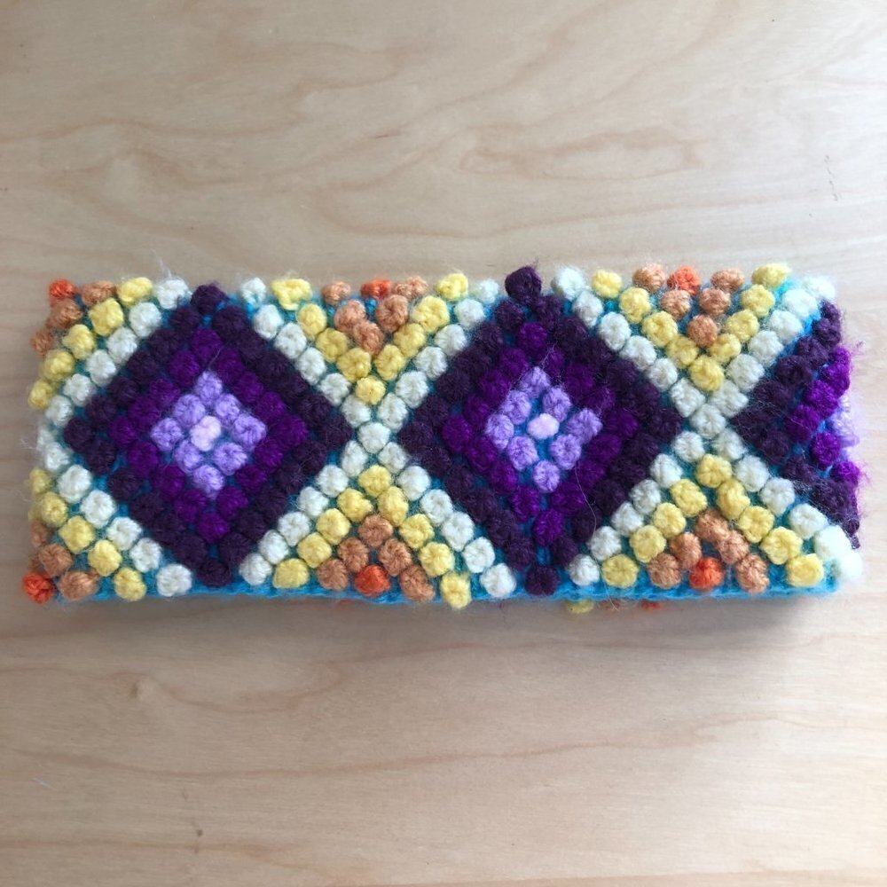 Vintage Wool Diamond Popcorn Knitted Ski Headband Purple Blue Yellow - Picture 3 of 4